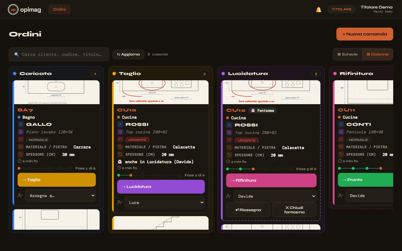 Il tabellone di Opimag in vista a colonne: comande divise per fase, con disegno, materiale, spessore e operatore assegnato.